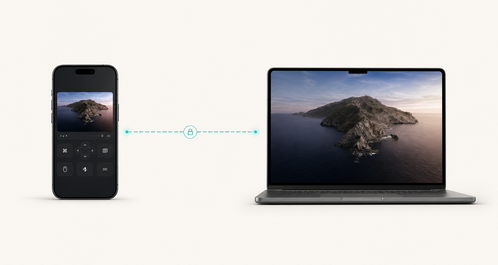 A phone or tablet controller connected to a laptop host by a direct peer path.
